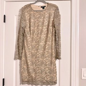 RALPH LAUREN Silver Foil Lace  3/4 Sleeve Round Neck Party Dress Size 14 NWT
